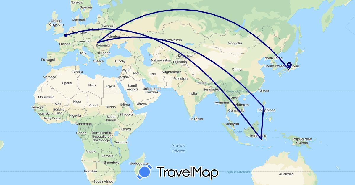TravelMap itinerary: driving in France, Hungary, Indonesia, Japan, Philippines (Asia, Europe)